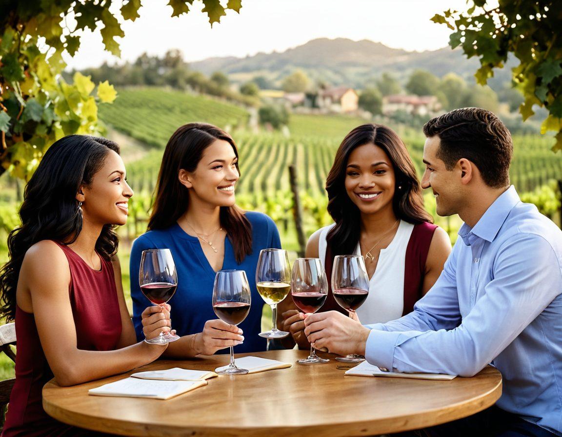 A cozy wine tasting scene featuring a diverse group of wine enthusiasts exploring different wine bottles. Include a financial advisor presenting credit union benefits in an inviting atmosphere, with elegant wine glasses and lush vineyard background. Capture warm lighting and a sense of community and education. super-realistic. vibrant colors. soft focus.