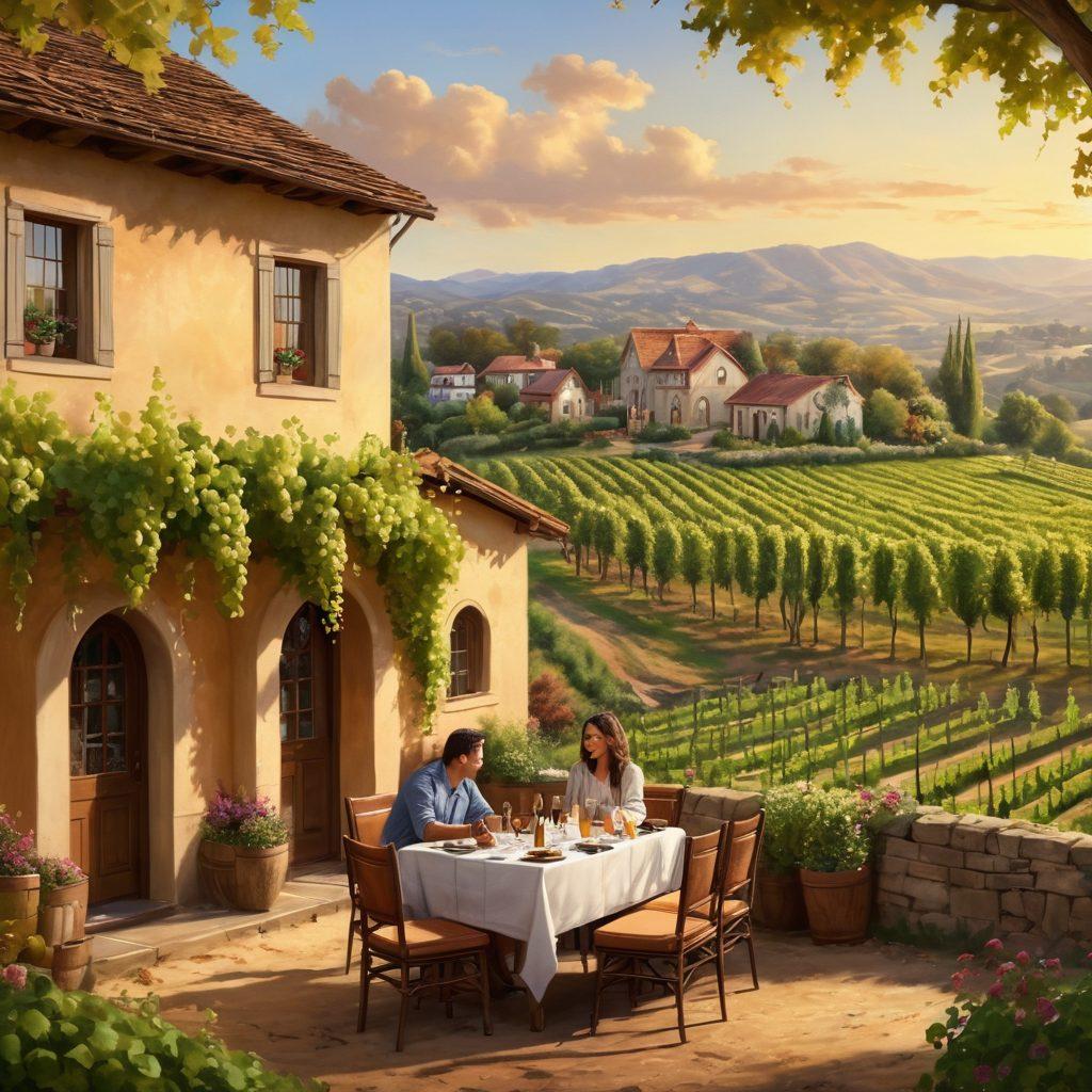 A rustic vineyard scene with lush grapevines, showcasing diverse people enjoying wine together in a cozy outdoor setting. Include a background with rolling hills and a charming credit union building subtly in view, symbolizing community wealth. Warm, inviting colors create a sense of passion and connection. super-realistic. vibrant colors. serene atmosphere.