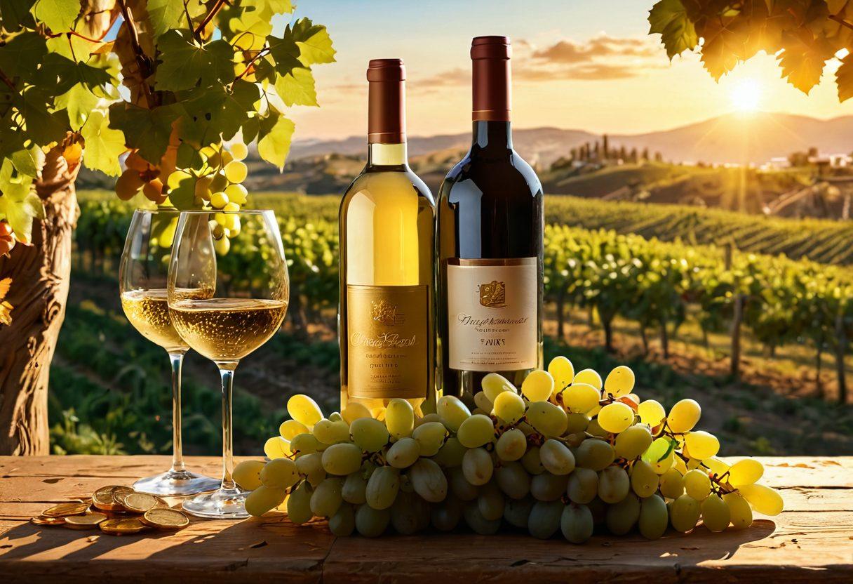 A luxurious vineyard landscape during golden hour, with ripe grapes swaying on the vines, a golden wine bottle glistening in the sun, and a financial graph seamlessly blending into the image, symbolizing wealth creation. Include elements of wine glasses and coins scattered artistically around. vibrant colors. super-realistic.